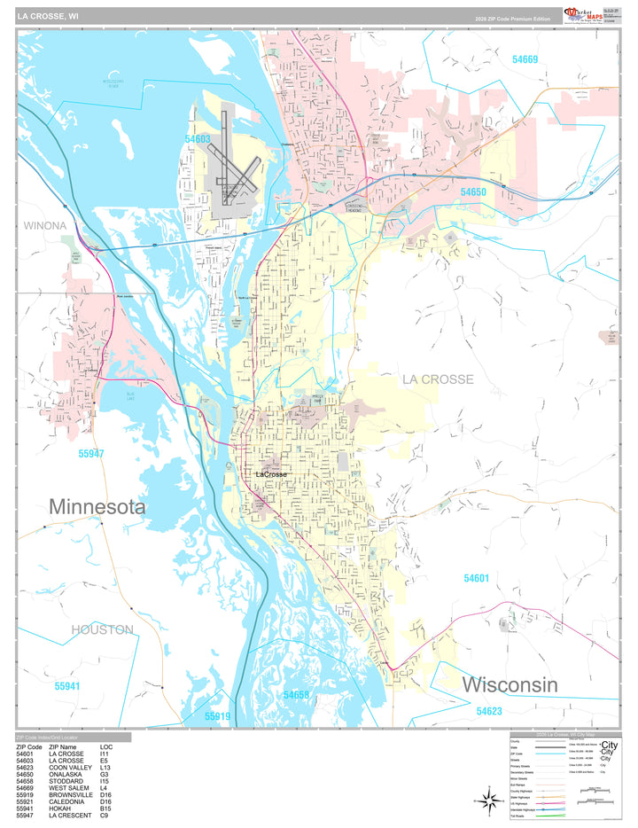 Premium Style Wall Map of La Crosse, WI