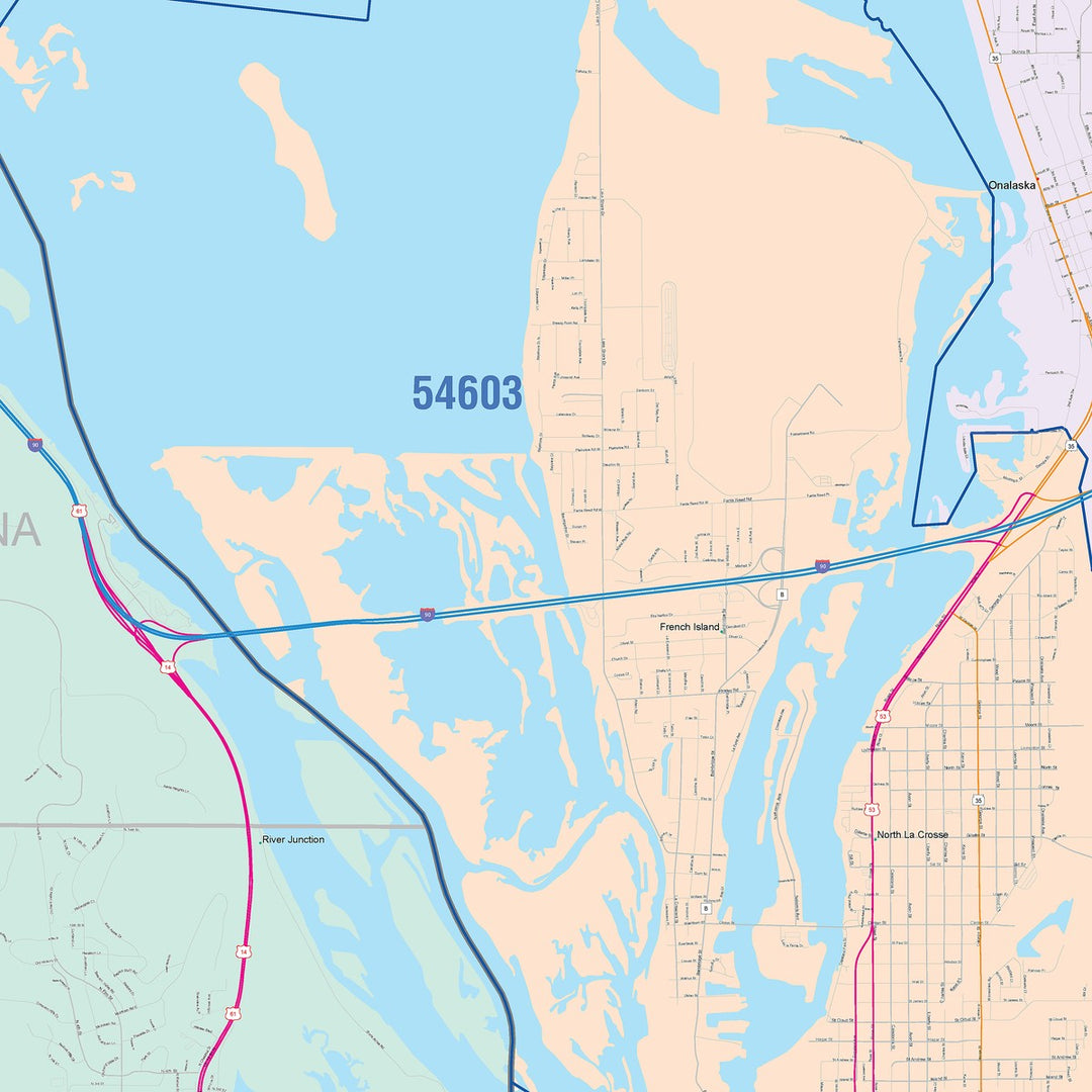 Color Cast Zip Code Style Wall Map of La Crosse, WI