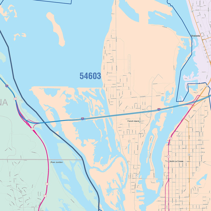 Color Cast Zip Code Style Wall Map of La Crosse, WI