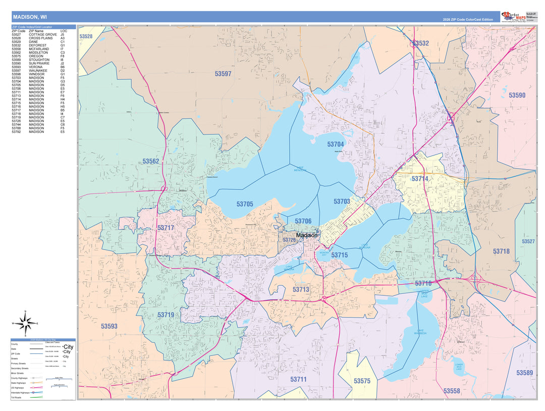 Colorcast Zip Code Style Wall Map of Madison WI