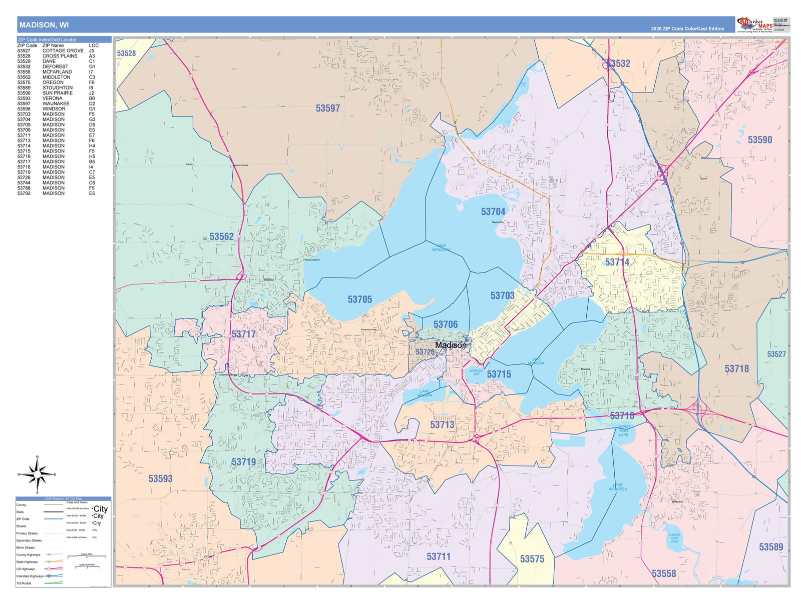 Colorcast Zip Code Style Wall Map of Madison WI