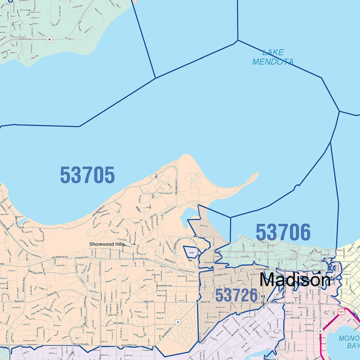 Colorcast Zip Code Style Wall Map of Madison WI