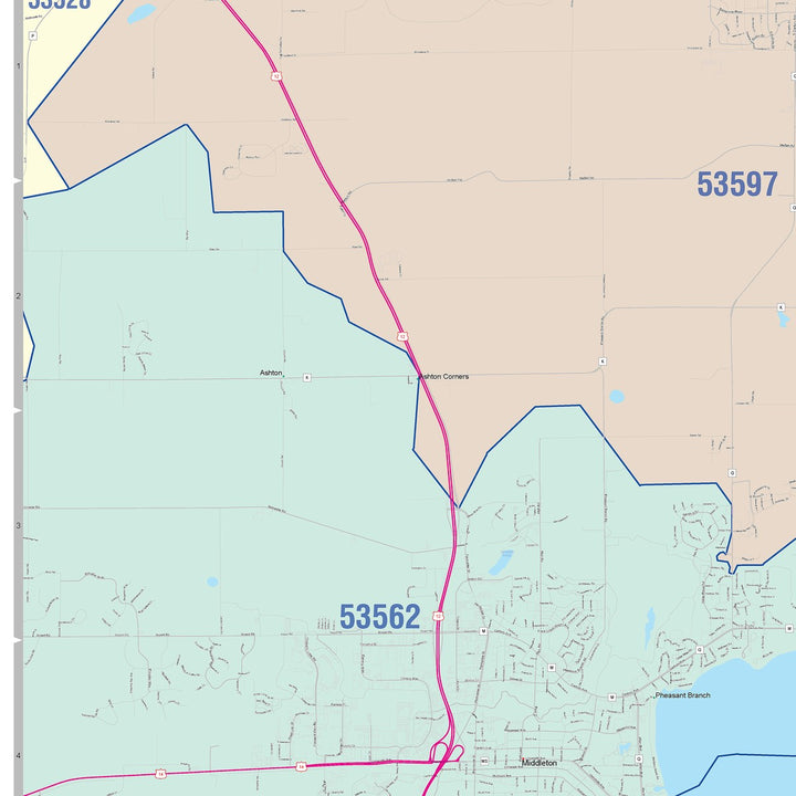 Colorcast Zip Code Style Wall Map of Madison WI