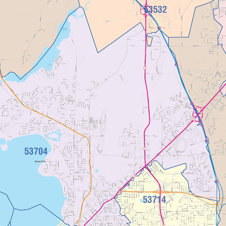 Colorcast Zip Code Style Wall Map of Madison WI