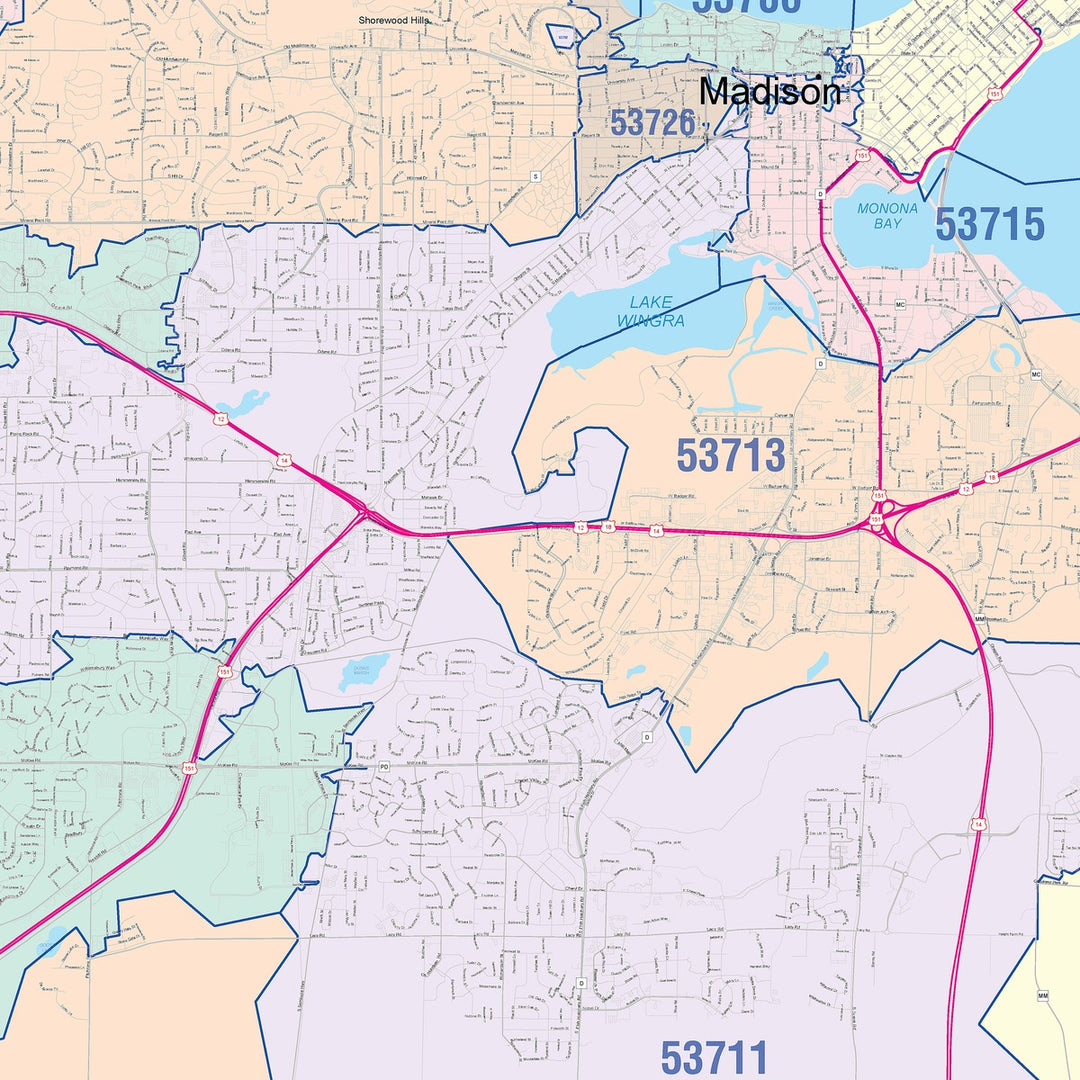 Colorcast Zip Code Style Wall Map of Madison WI