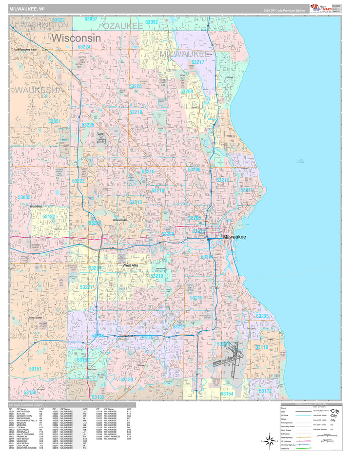 Premium Style Wall Map of Milwaukee WI.