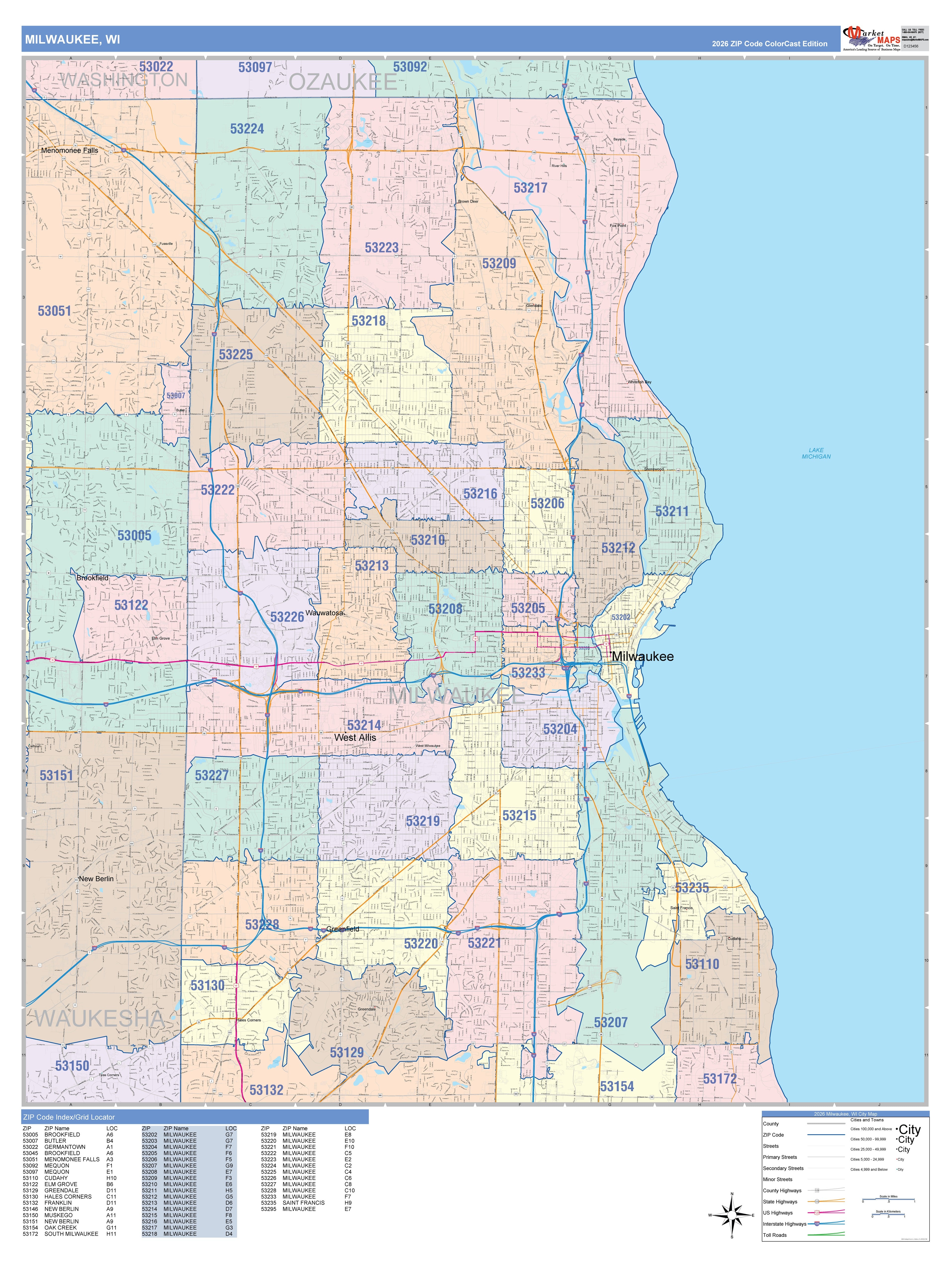 Colorcast Zip Code Style Wall Map of Milwaukee, WI – American Map Store