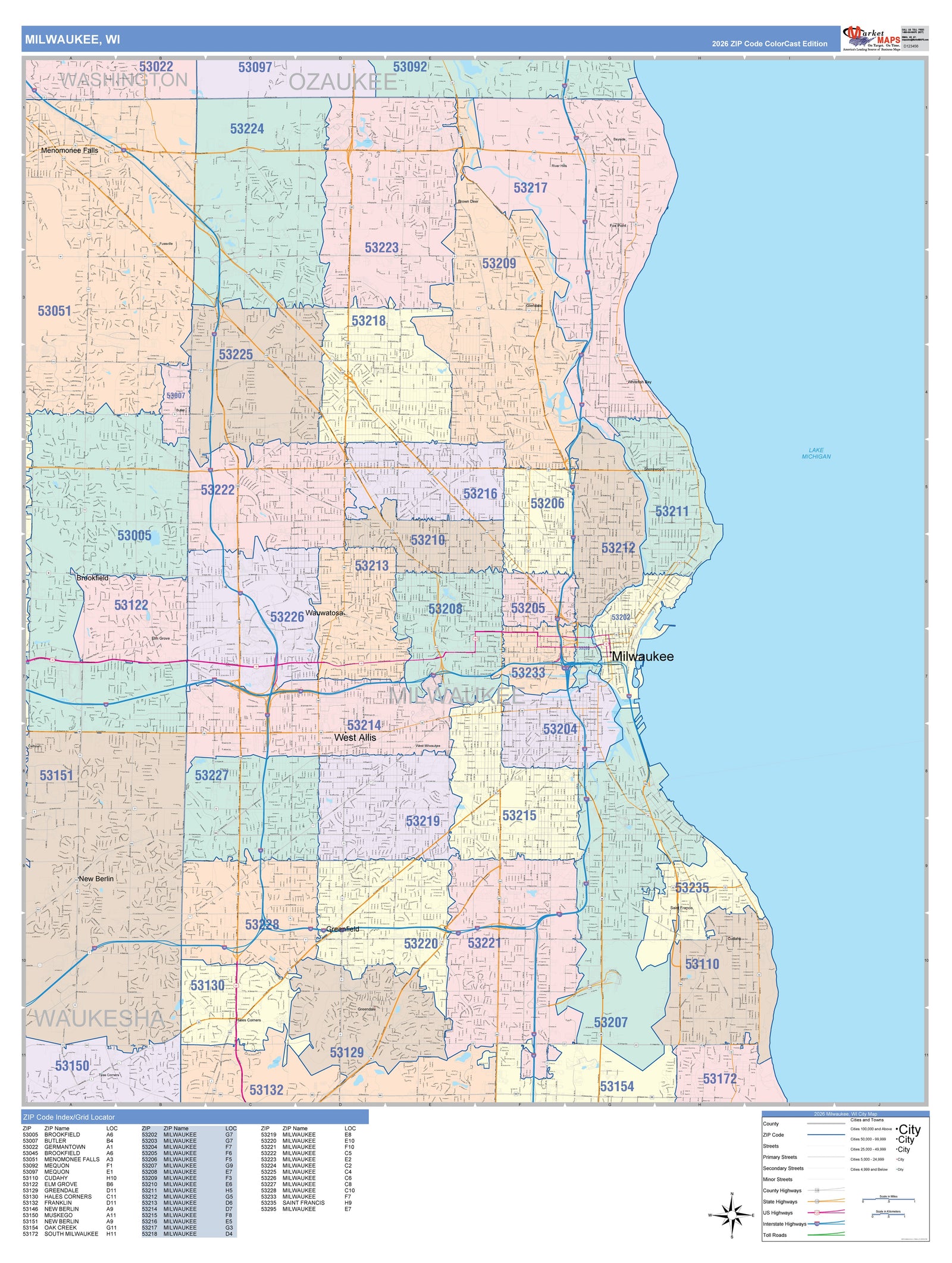 Colorcast Zip Code Style Wall Map of Milwaukee WI