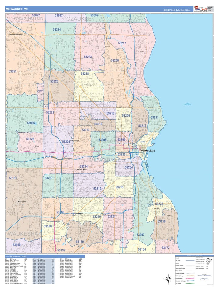 Colorcast Zip Code Style Wall Map of Milwaukee WI