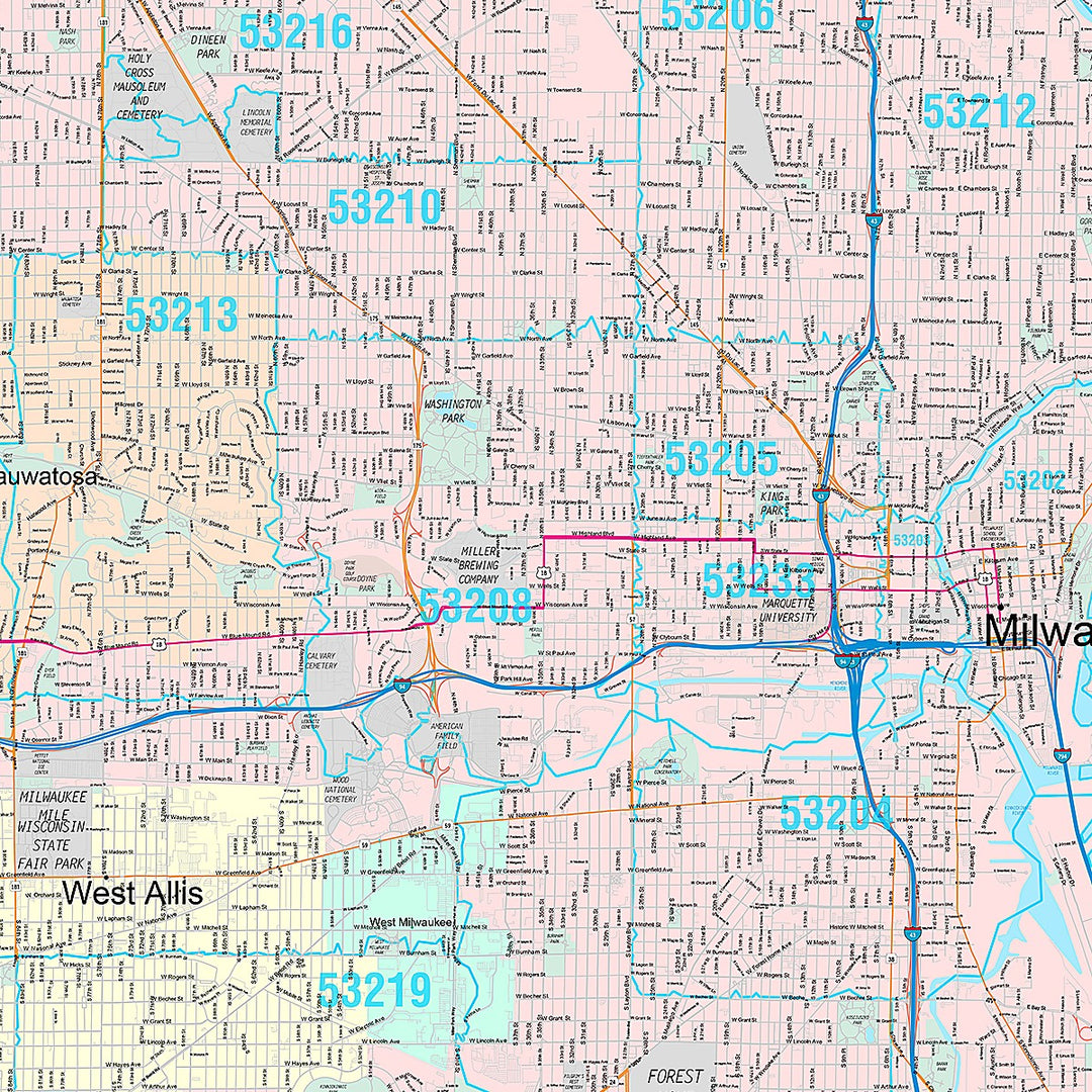 Premium Style Wall Map of Milwaukee WI.