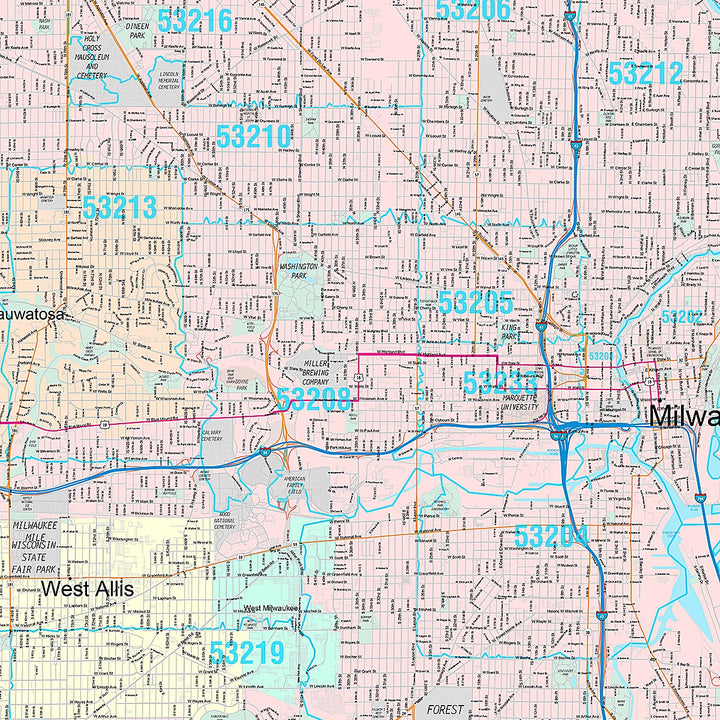 Premium Style Wall Map of Milwaukee WI.