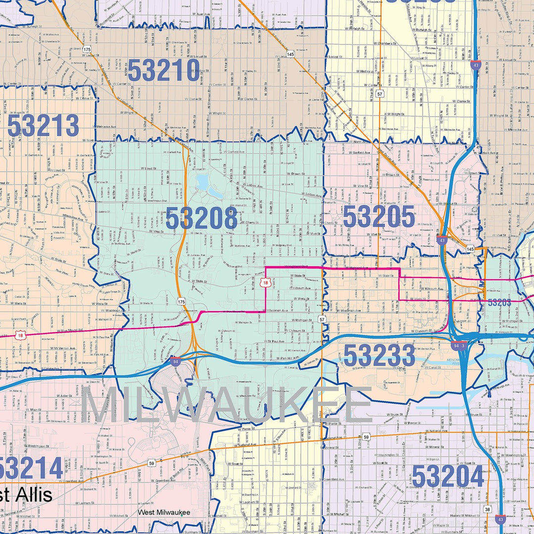 Colorcast Zip Code Style Wall Map of Milwaukee WI