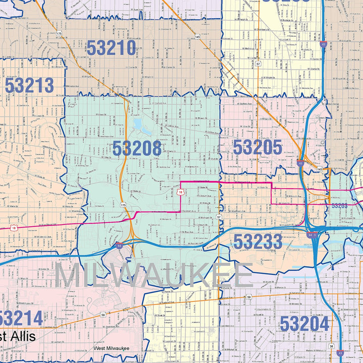 Colorcast Zip Code Style Wall Map of Milwaukee WI