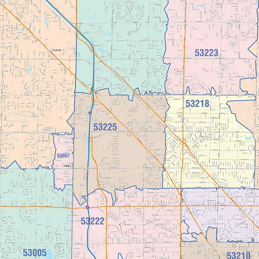 Colorcast Zip Code Style Wall Map of Milwaukee WI