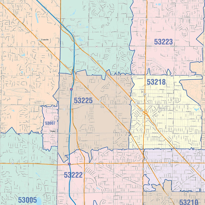Colorcast Zip Code Style Wall Map of Milwaukee WI