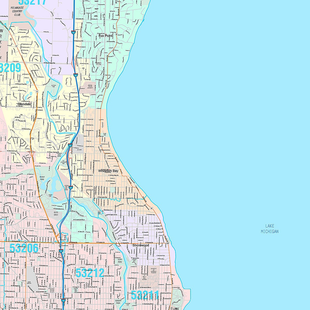 Premium Style Wall Map of Milwaukee WI.