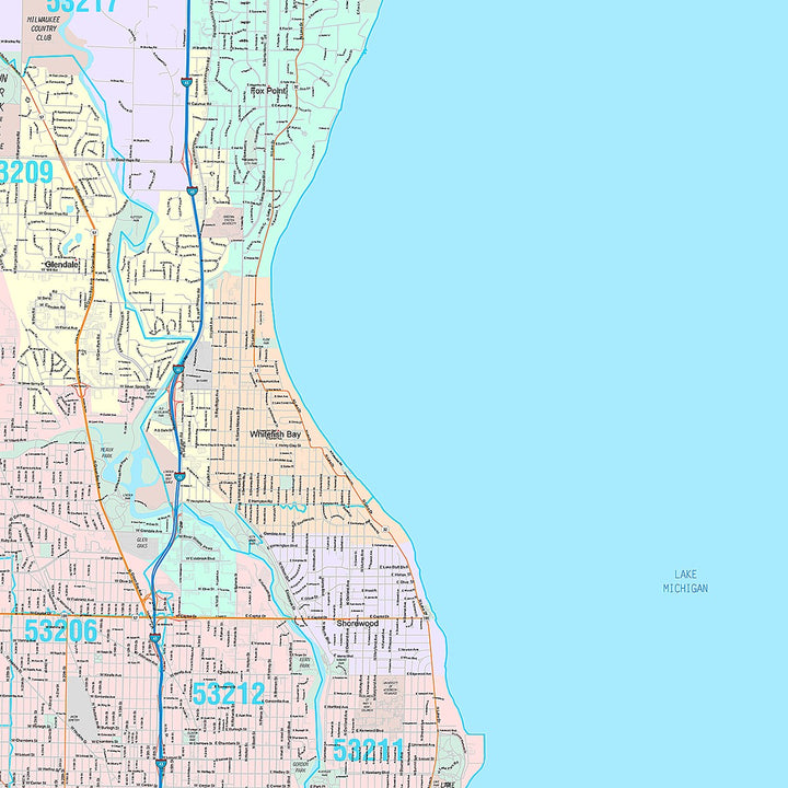 Premium Style Wall Map of Milwaukee WI.
