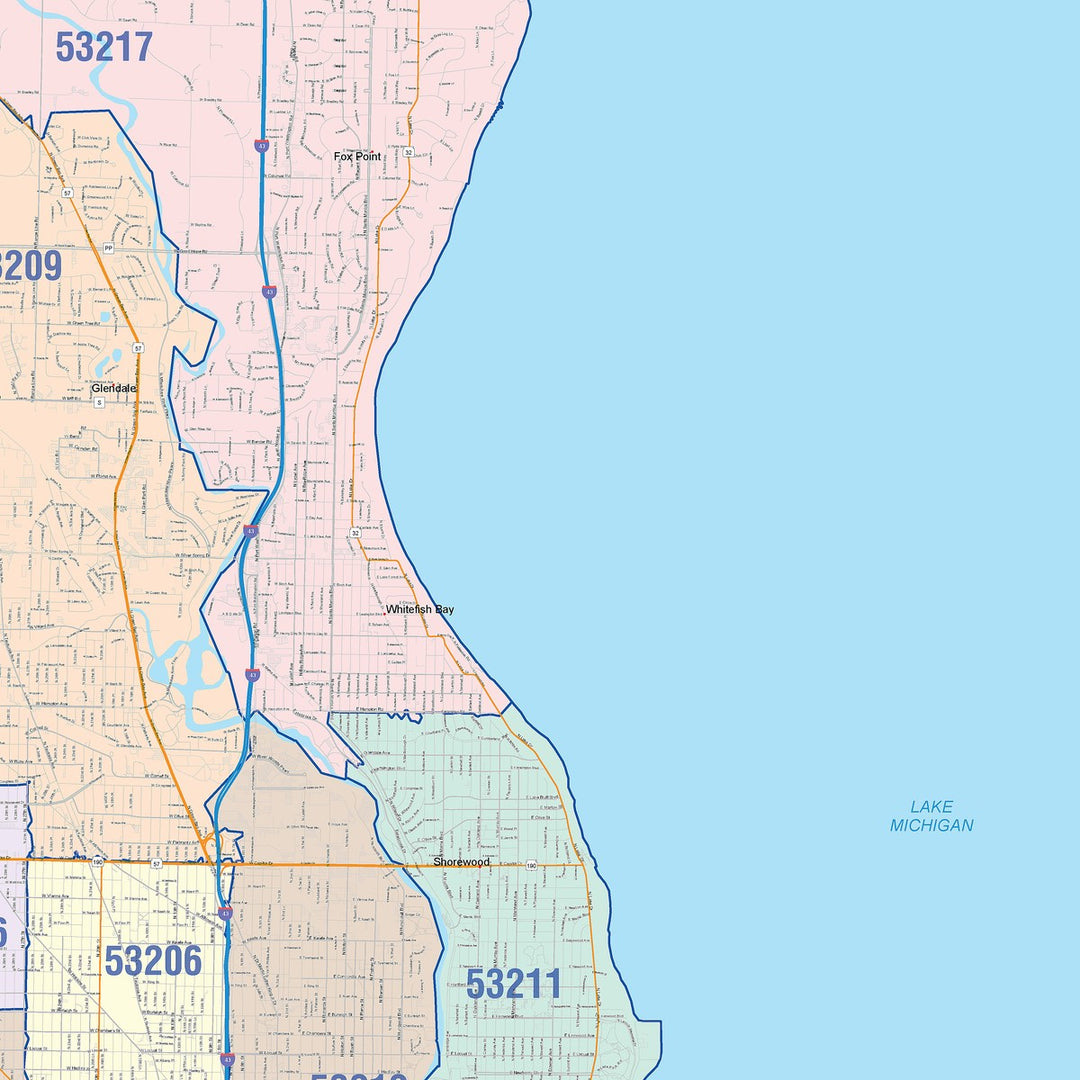Colorcast Zip Code Style Wall Map of Milwaukee WI