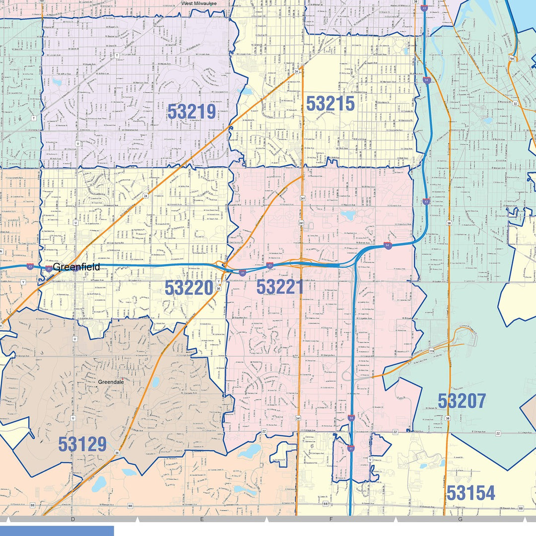 Colorcast Zip Code Style Wall Map of Milwaukee WI
