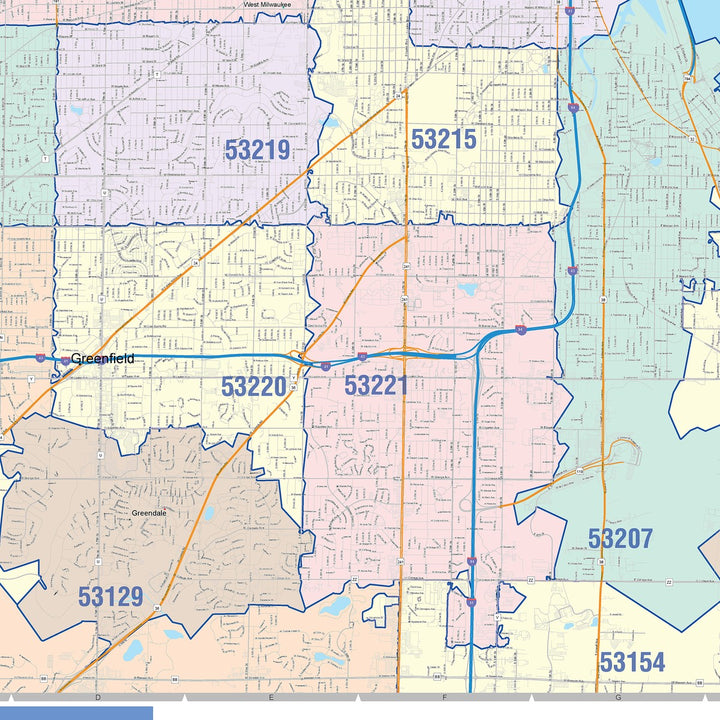 Colorcast Zip Code Style Wall Map of Milwaukee WI