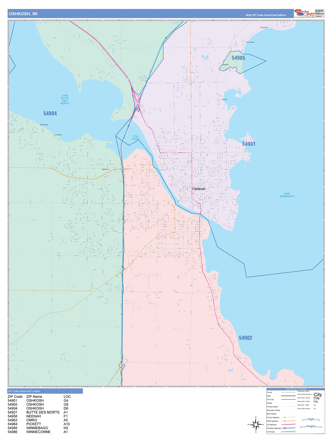 Color Cast Zip Code Style Wall Map of Oshkosh, WI