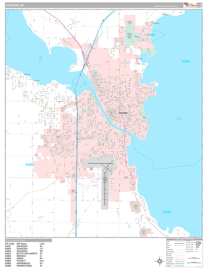 Premium Style Wall Map of Oshkosh, WI