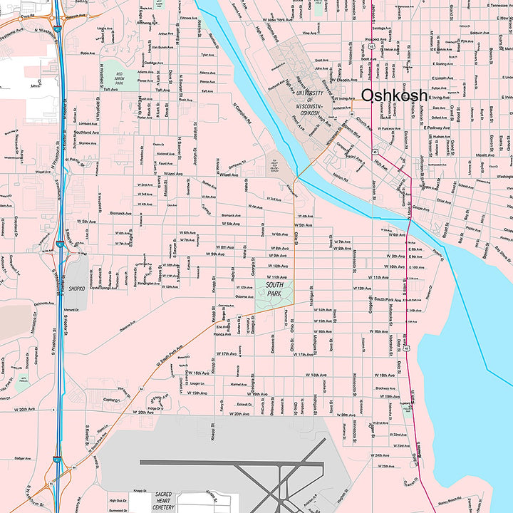 Premium Style Wall Map of Oshkosh, WI