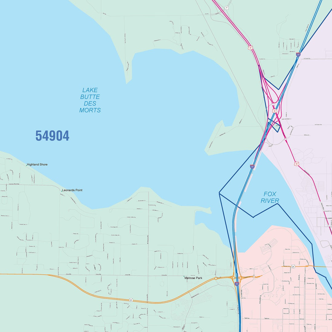 Color Cast Zip Code Style Wall Map of Oshkosh, WI