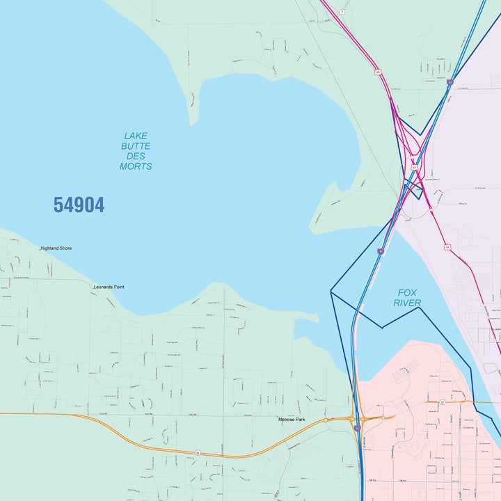 Color Cast Zip Code Style Wall Map of Oshkosh, WI