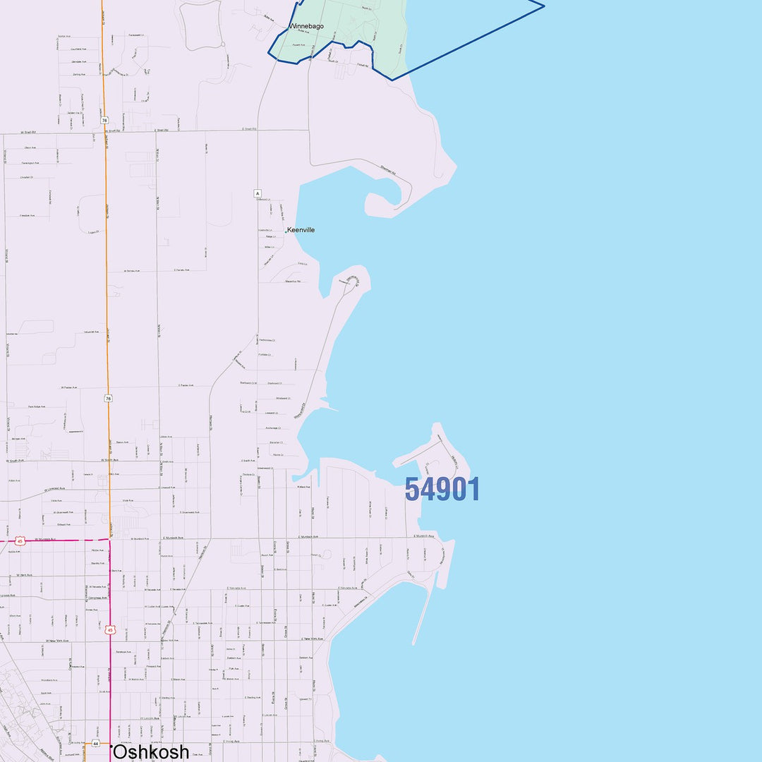 Color Cast Zip Code Style Wall Map of Oshkosh, WI