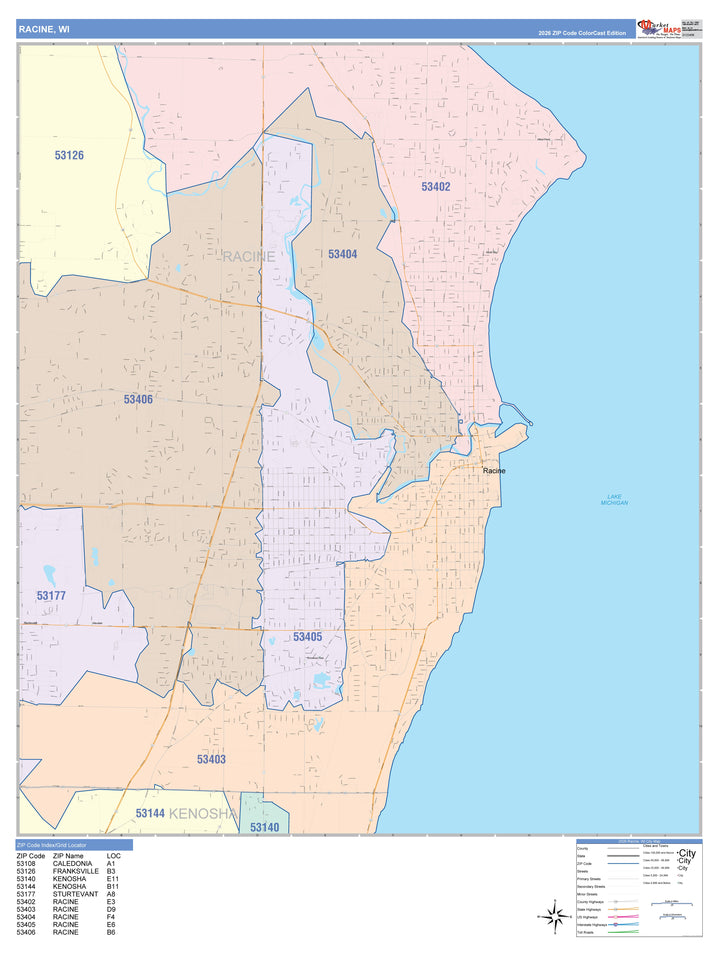Color Cast Zip Code Style Wall Map of Racine, WI