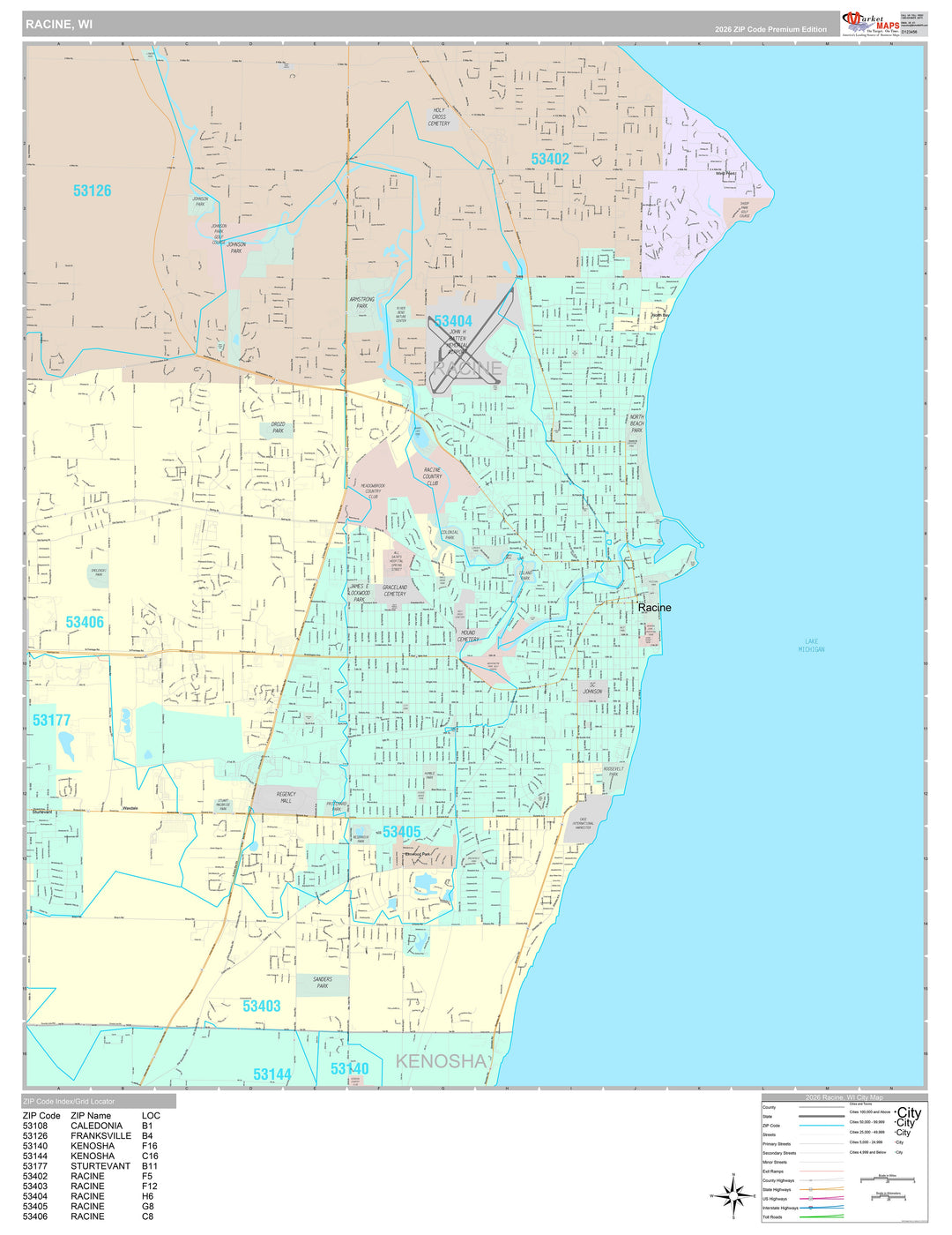Premium Style Wall Map of Racine, WI