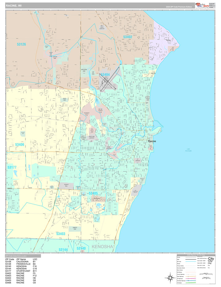 Premium Style Wall Map of Racine, WI