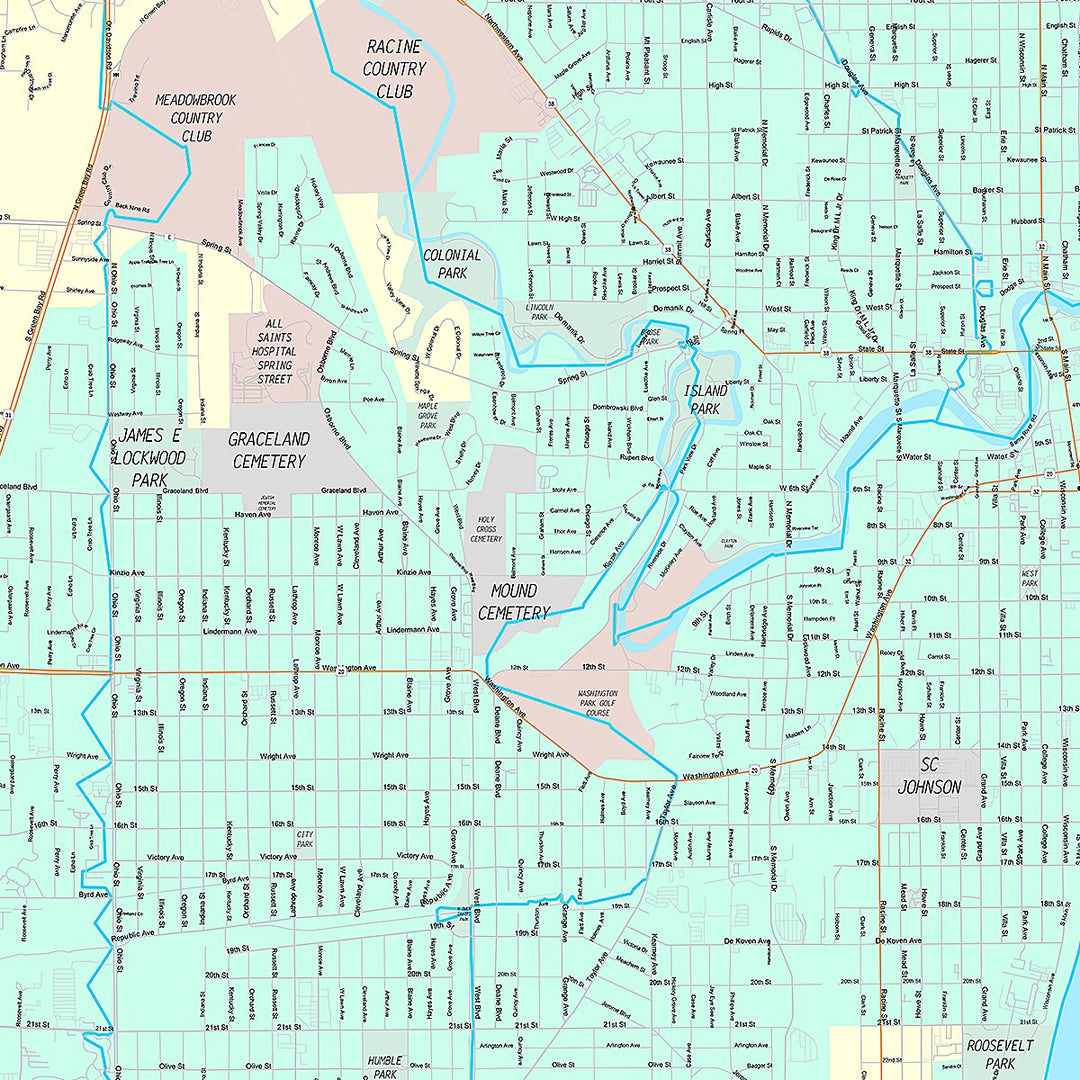 Premium Style Wall Map of Racine, WI