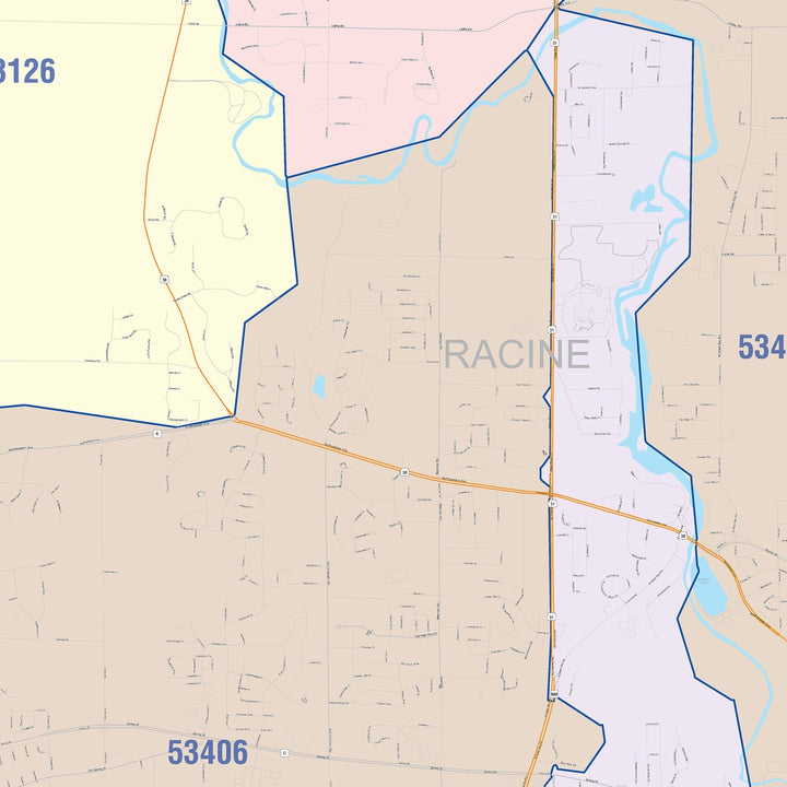 Color Cast Zip Code Style Wall Map of Racine, WI