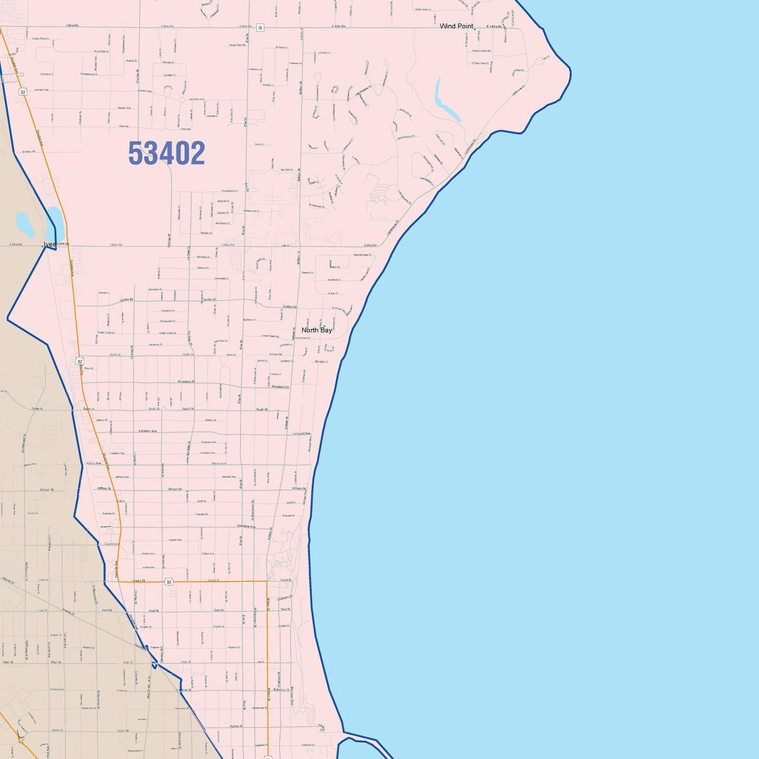 Color Cast Zip Code Style Wall Map of Racine, WI