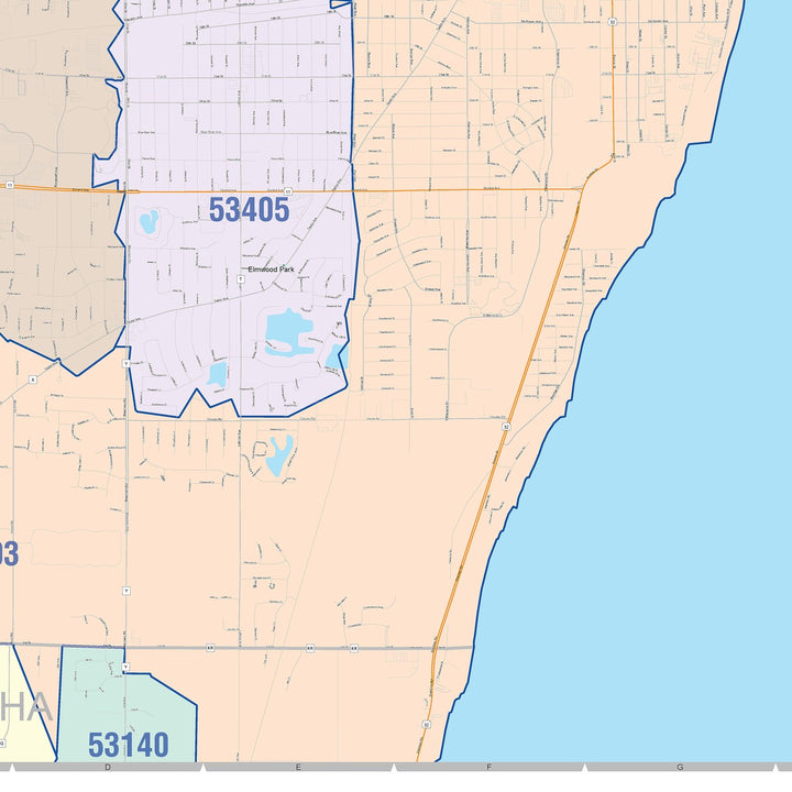 Color Cast Zip Code Style Wall Map of Racine, WI