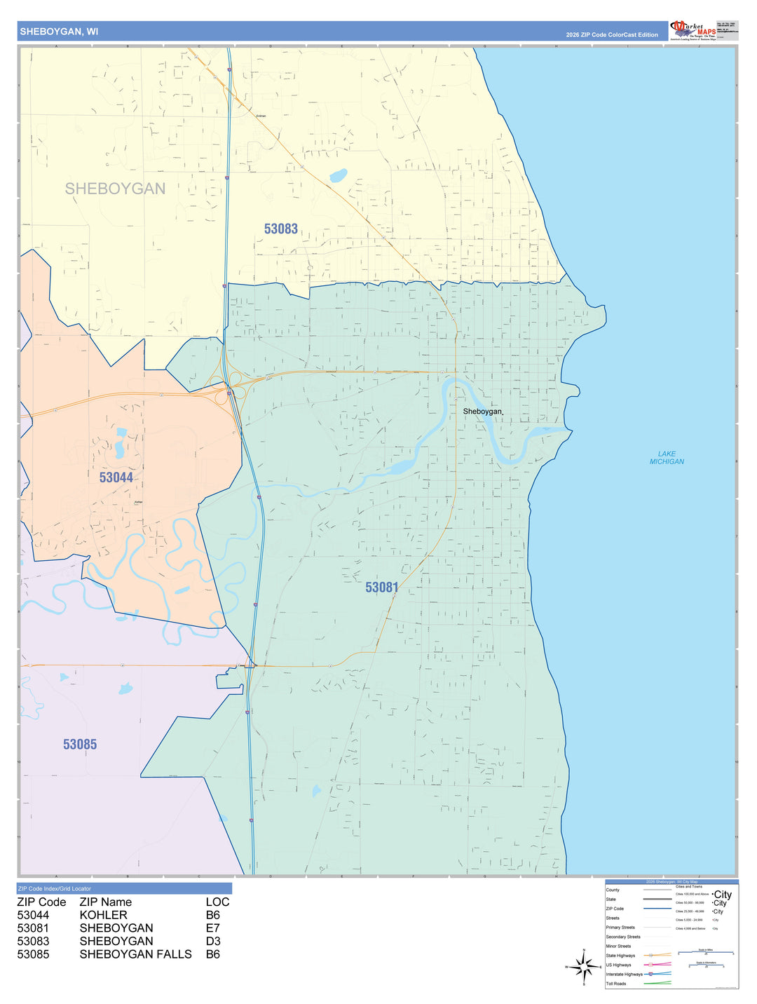 Color Cast Zip Code Style Wall Map of Sheboygan, WI