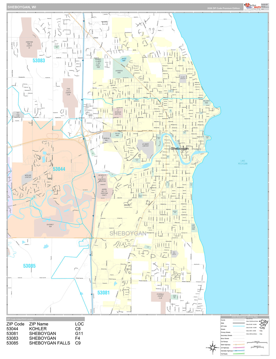 Premium Style Wall Map of Sheboygan, WI