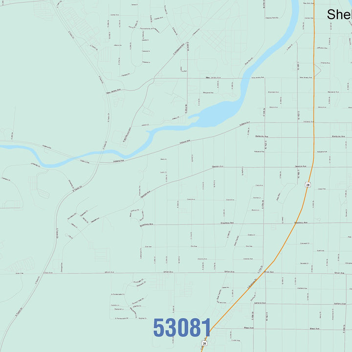 Color Cast Zip Code Style Wall Map of Sheboygan, WI