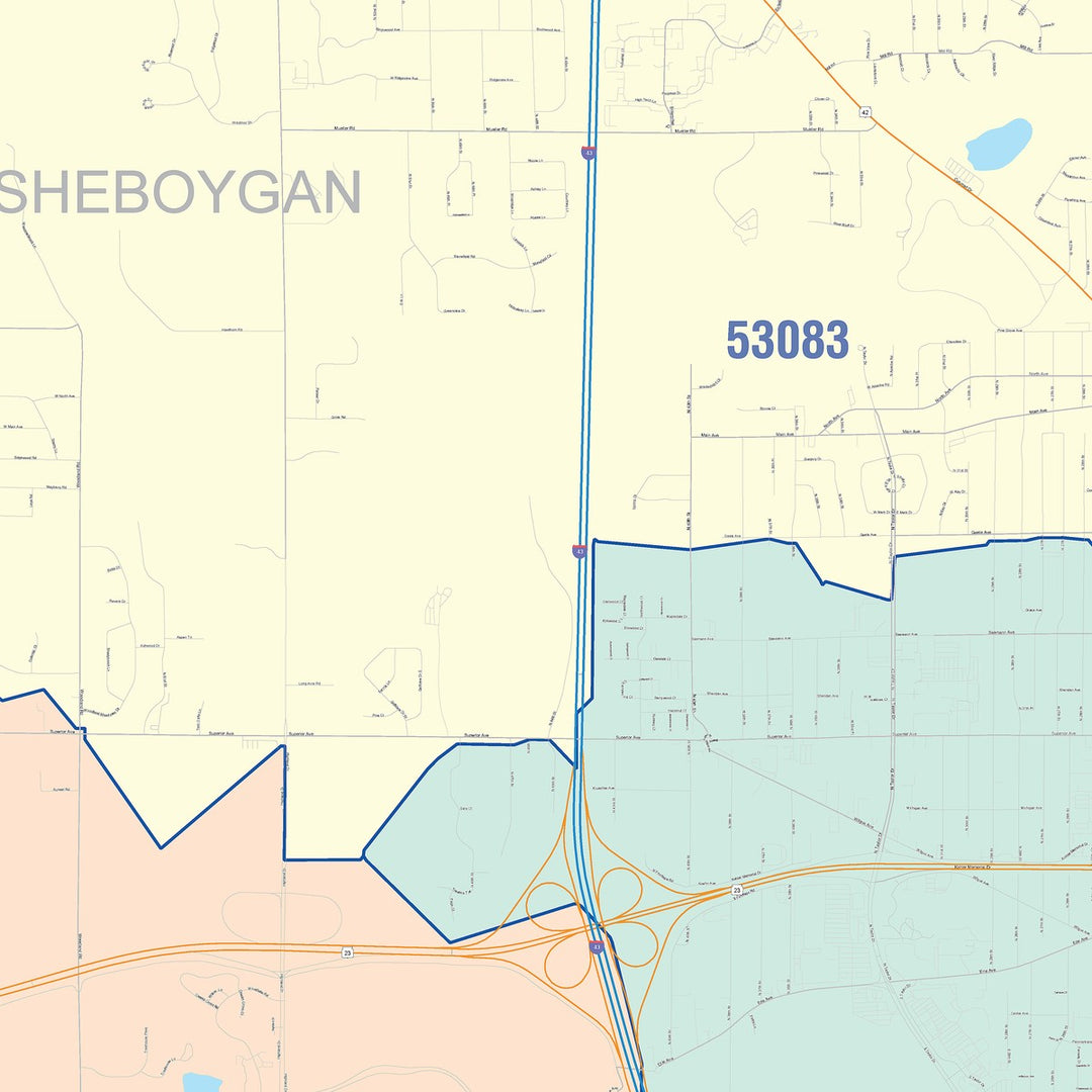 Color Cast Zip Code Style Wall Map of Sheboygan, WI