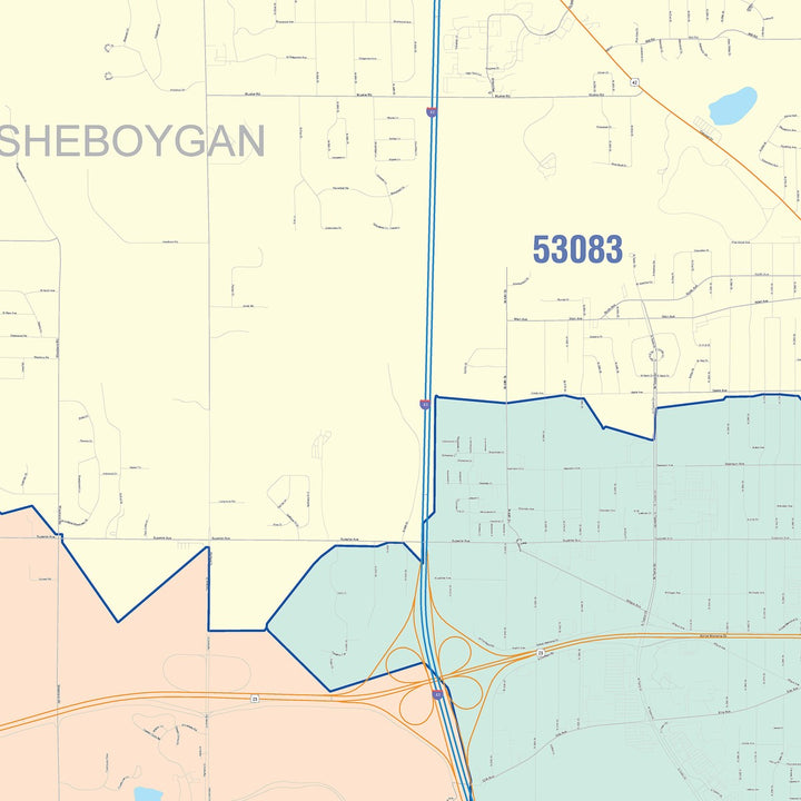 Color Cast Zip Code Style Wall Map of Sheboygan, WI