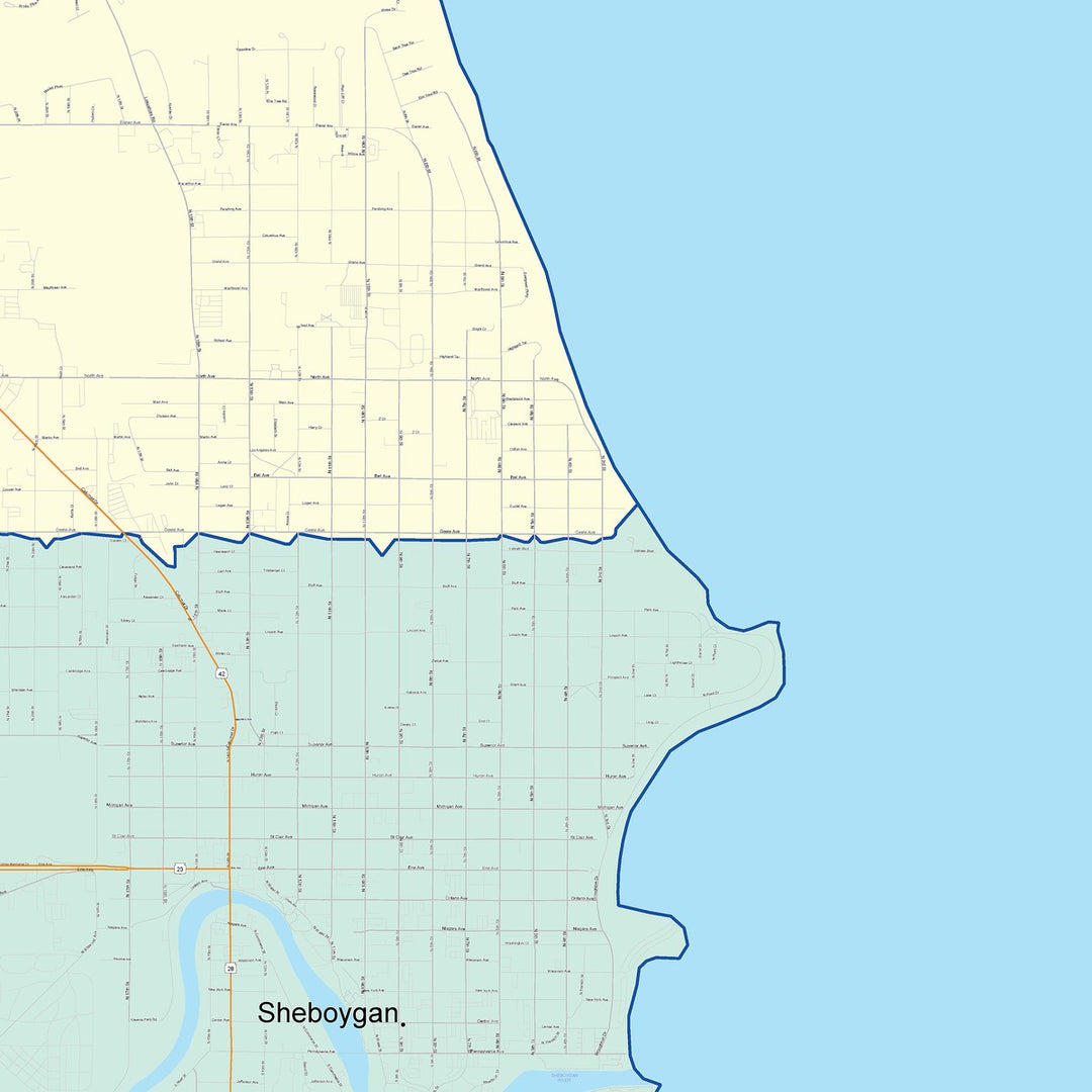 Color Cast Zip Code Style Wall Map of Sheboygan, WI