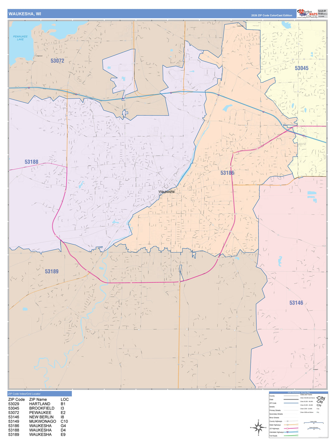 Color Cast Zip Code Style Wall Map of Waukesha, WI