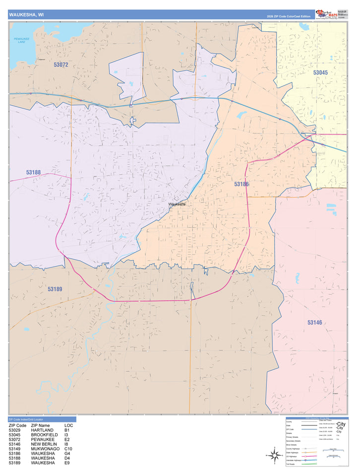 Color Cast Zip Code Style Wall Map of Waukesha, WI