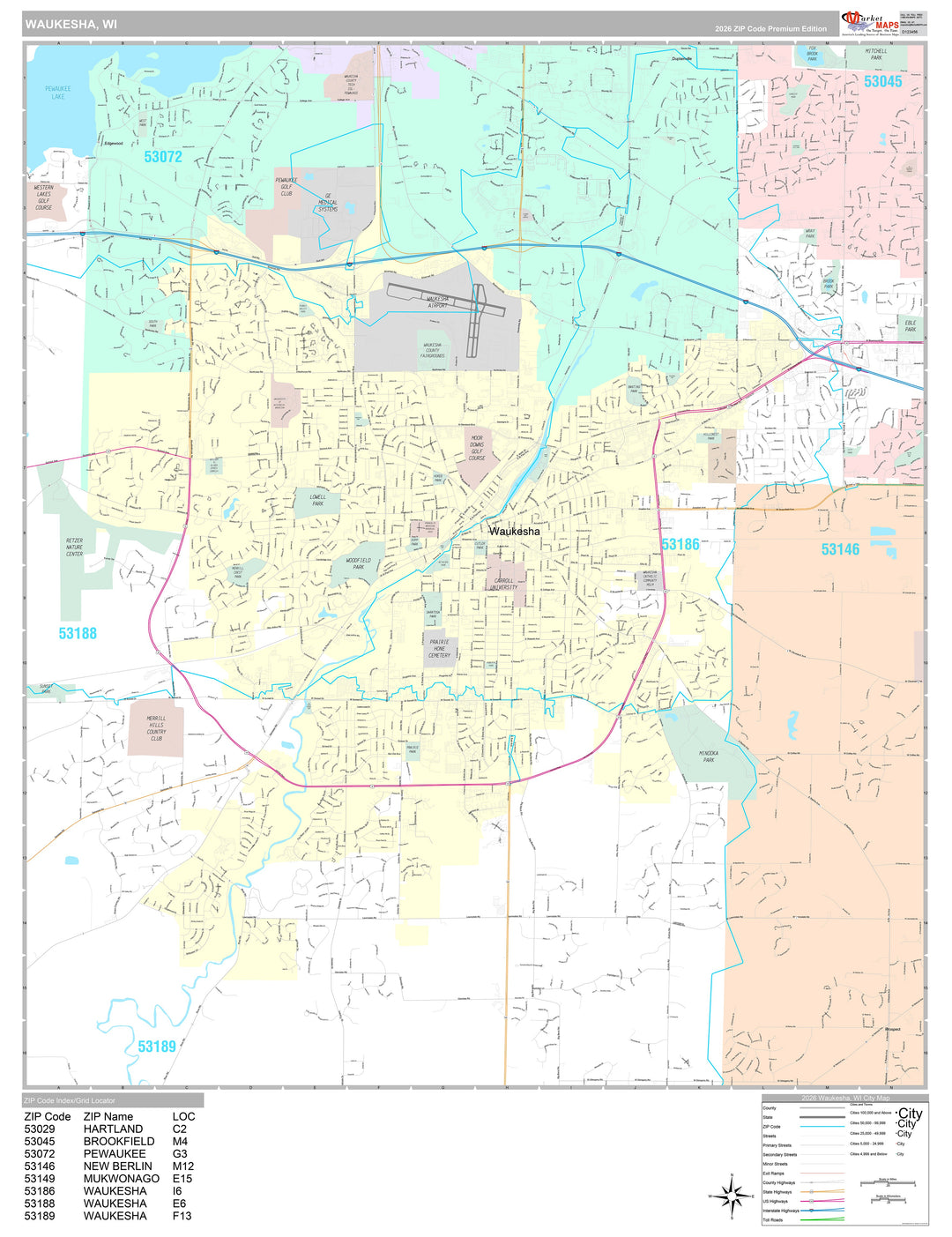 Premium Style Wall Map of Waukesha, WI