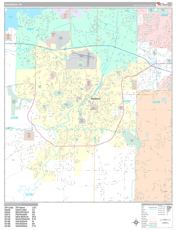 Premium Style Wall Map of Waukesha, WI