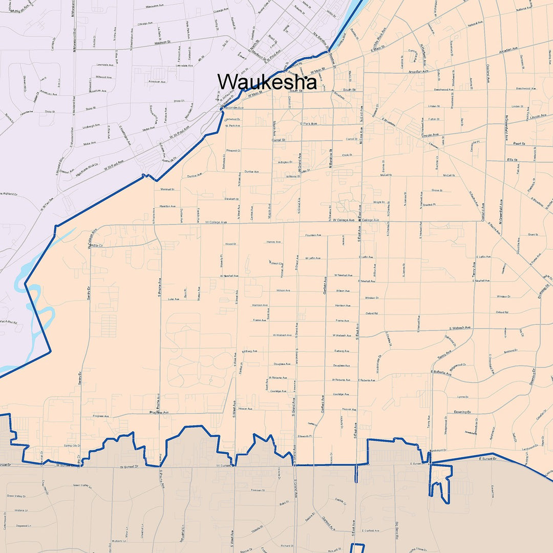 Color Cast Zip Code Style Wall Map of Waukesha, WI