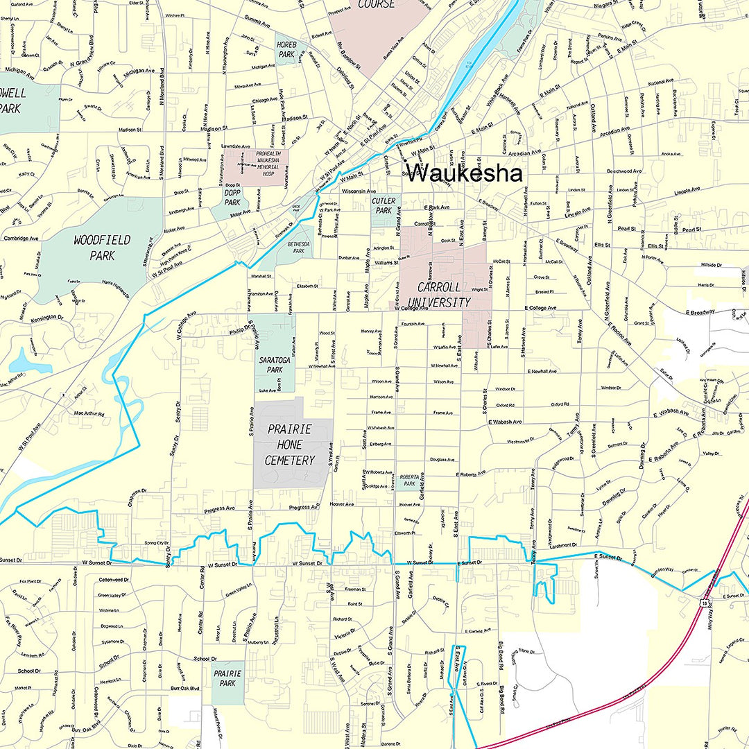 Premium Style Wall Map of Waukesha, WI