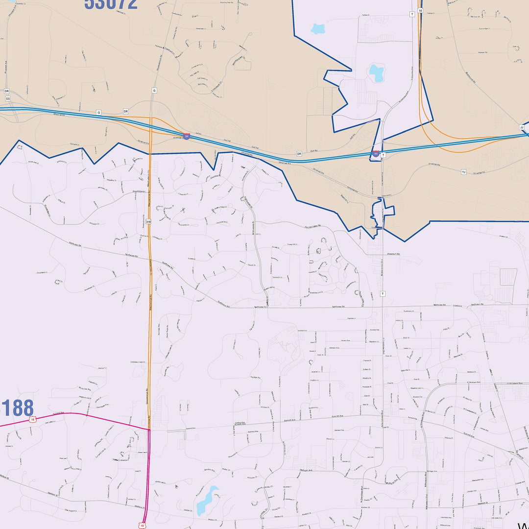 Color Cast Zip Code Style Wall Map of Waukesha, WI